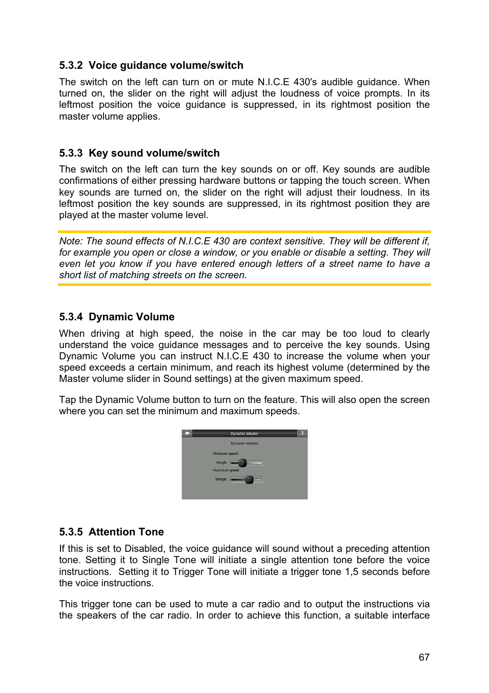 Voice guidance volume/switch, Key sound volume/switch, Dynamic volume | Attention tone | Clarion N.I.C.E. 430 User Manual | Page 130 / 158