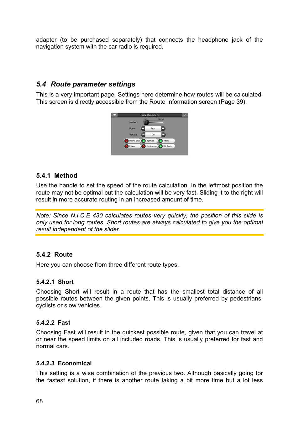 Route parameter settings, Method, Route | Short, Fast, Economical | Clarion N.I.C.E. 430 User Manual | Page 131 / 158