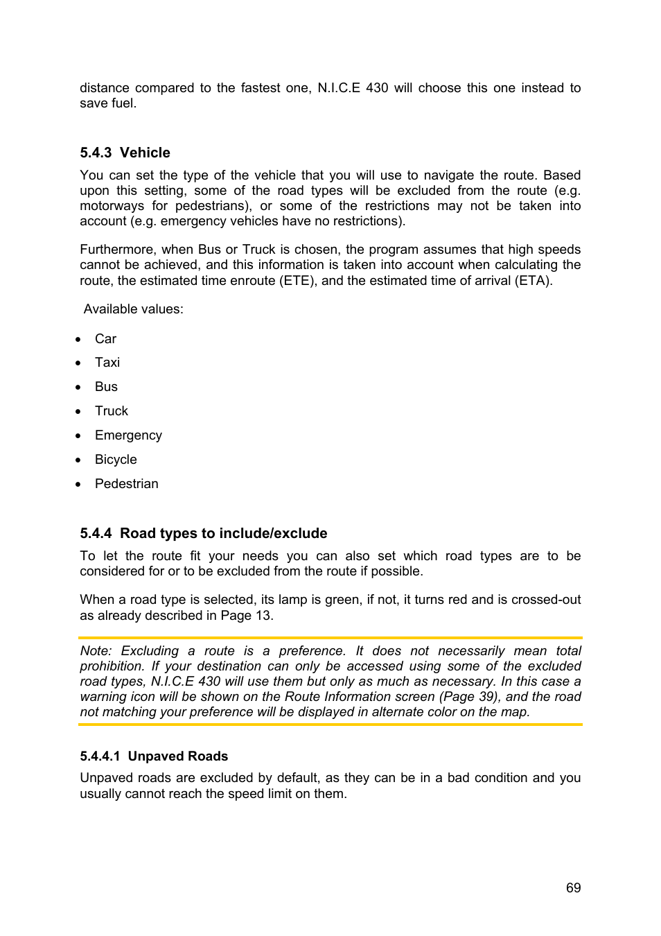 Vehicle, Road types to include/exclude, Unpaved roads | Clarion N.I.C.E. 430 User Manual | Page 132 / 158