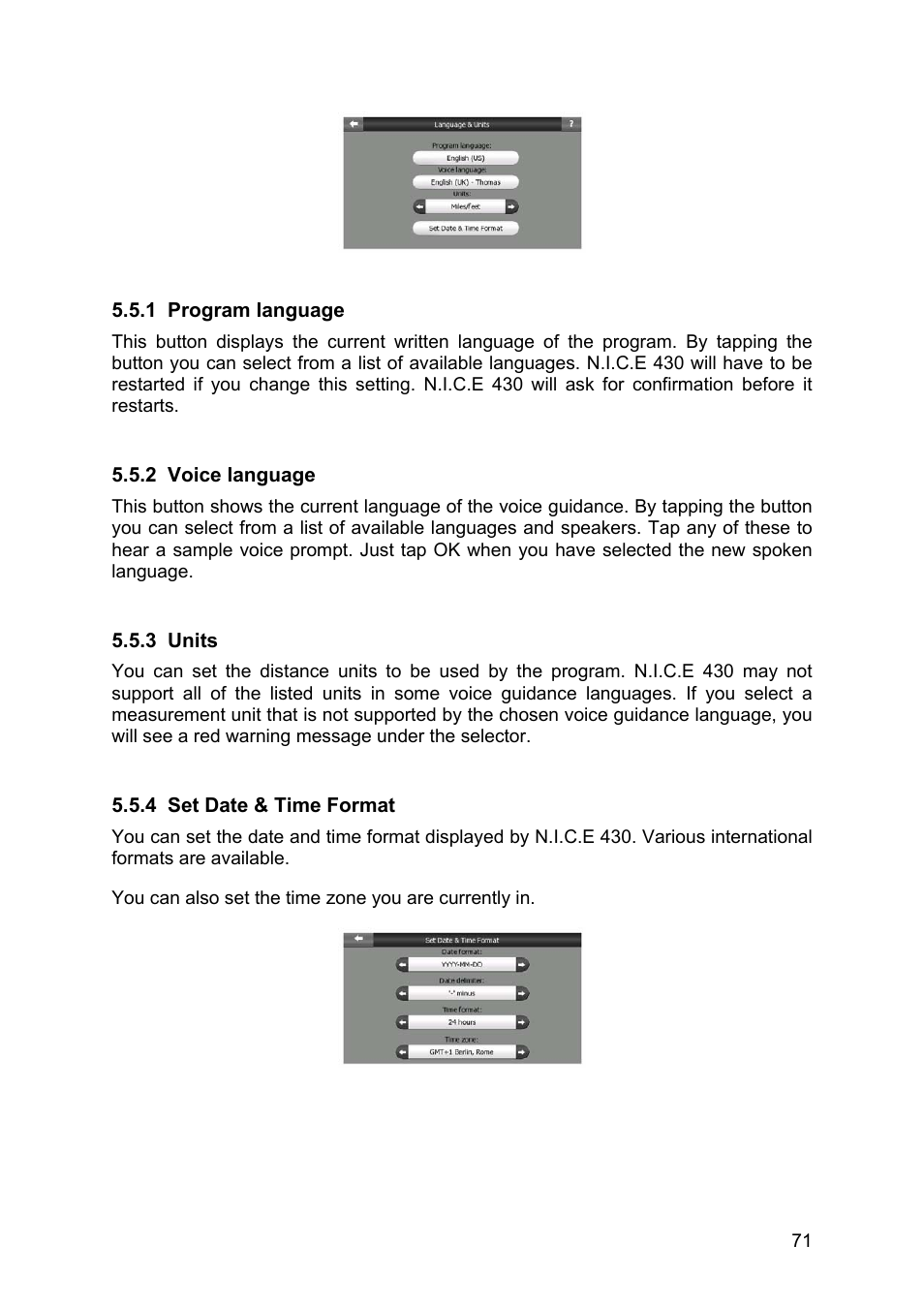 Program language, Voice language, Units | Set date & time format | Clarion N.I.C.E. 430 User Manual | Page 134 / 158