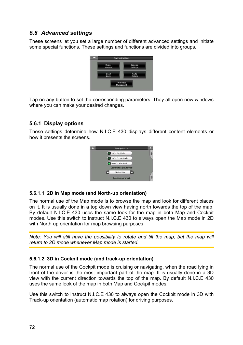Advanced settings, Display options, 2d in map mode (and north-up orientation) | 3d in cockpit mode (and track-up orientation) | Clarion N.I.C.E. 430 User Manual | Page 135 / 158