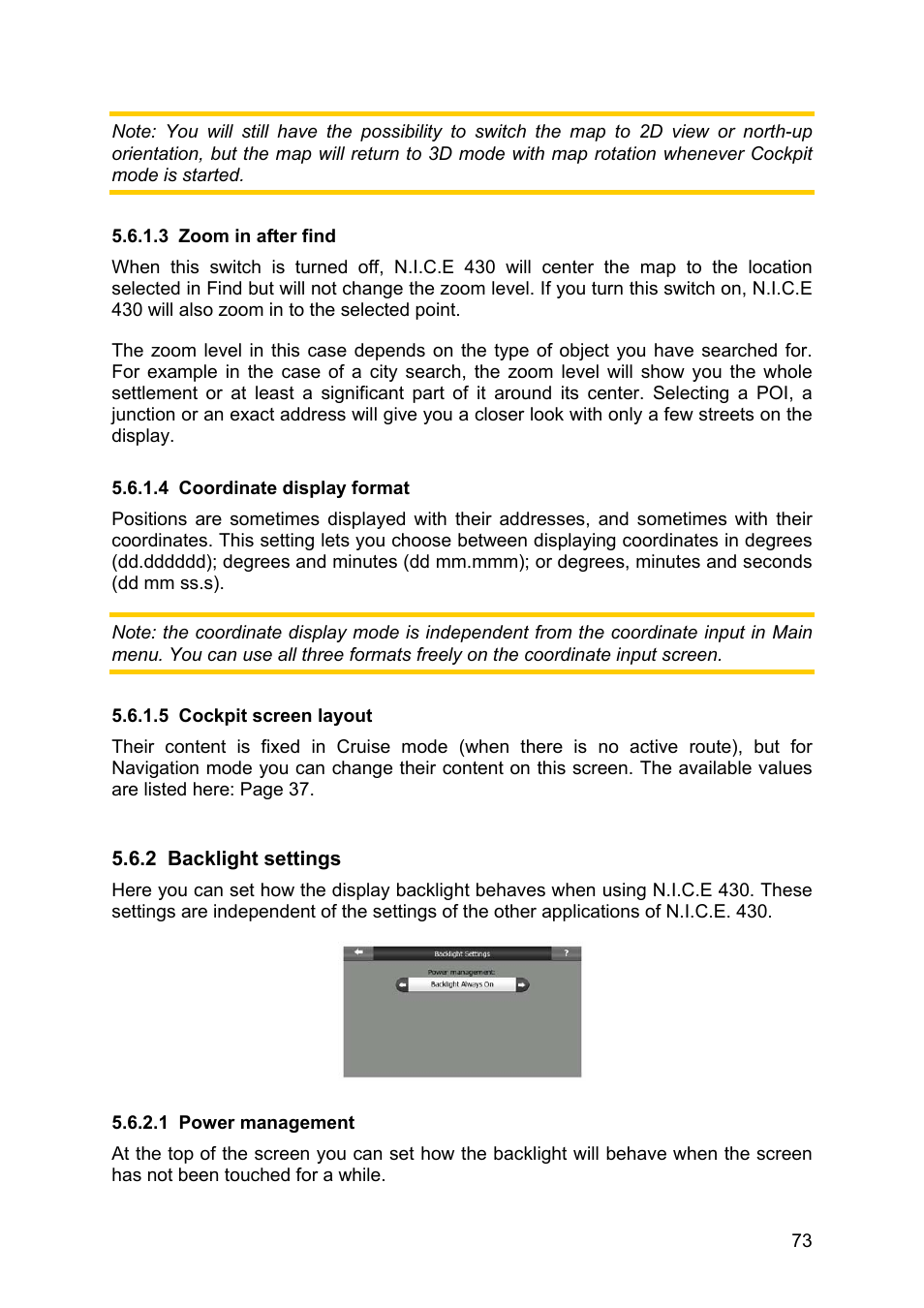 Zoom in after find, Coordinate display format, Cockpit screen layout | Backlight settings, Power management | Clarion N.I.C.E. 430 User Manual | Page 136 / 158