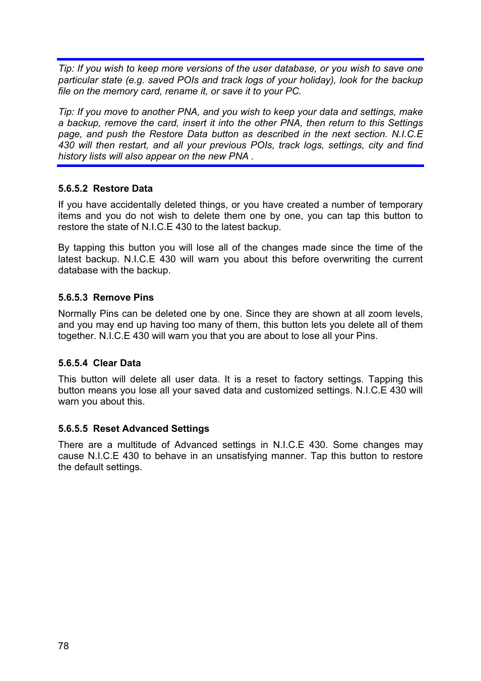 Restore data, Remove pins, Clear data | Reset advanced settings | Clarion N.I.C.E. 430 User Manual | Page 141 / 158