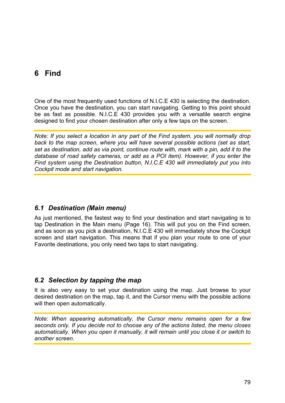 Find, Destination (main menu), Selection by tapping the map | 6 find | Clarion N.I.C.E. 430 User Manual | Page 142 / 158