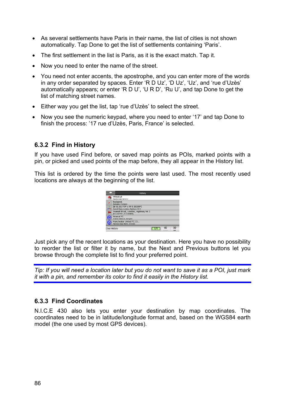 Find in history, Find coordinates, 86) later. there they are shown together | Clarion N.I.C.E. 430 User Manual | Page 149 / 158