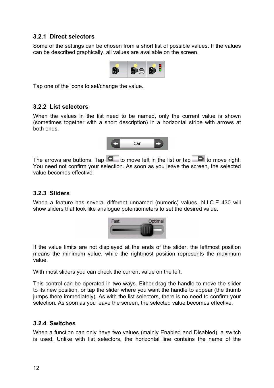 Direct selectors, List selectors, Sliders | Switches | Clarion N.I.C.E. 430 User Manual | Page 75 / 158