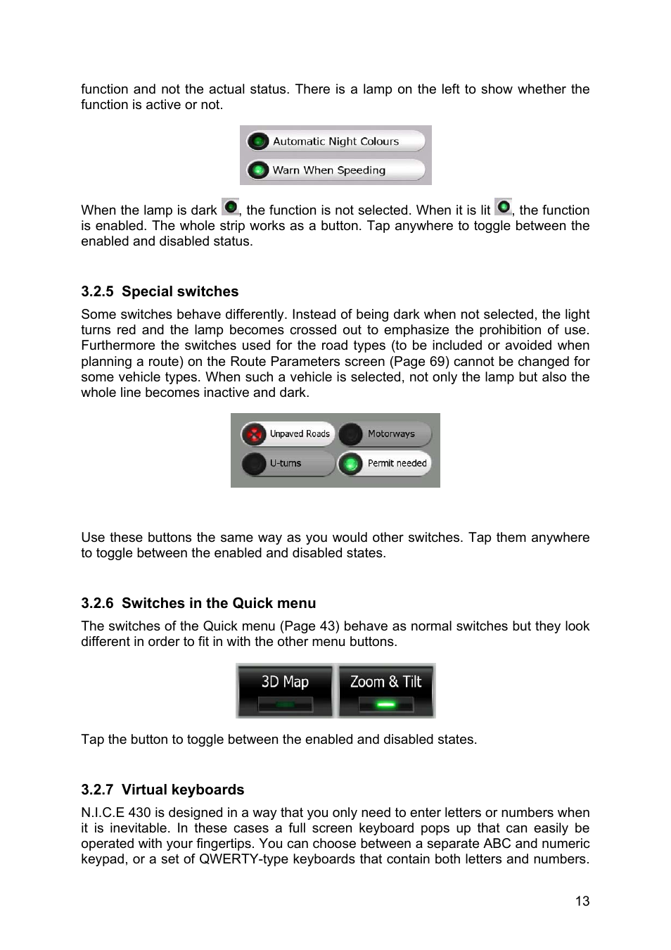 Special switches, Switches in the quick menu, Virtual keyboards | Clarion N.I.C.E. 430 User Manual | Page 76 / 158