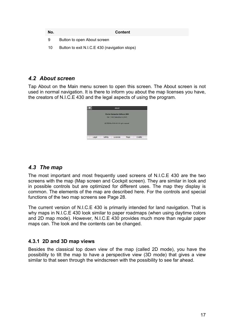 About screen, The map, 2d and 3d map views | 2 about screen, 3 the map | Clarion N.I.C.E. 430 User Manual | Page 80 / 158