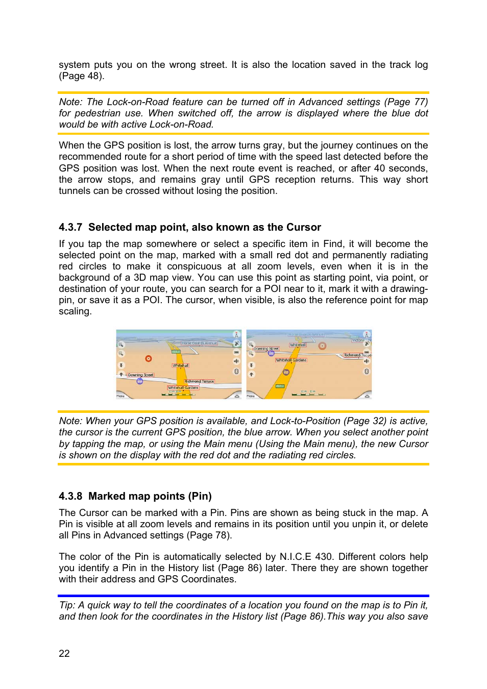 Selected map point, also known as the cursor, Marked map points (pin) | Clarion N.I.C.E. 430 User Manual | Page 85 / 158