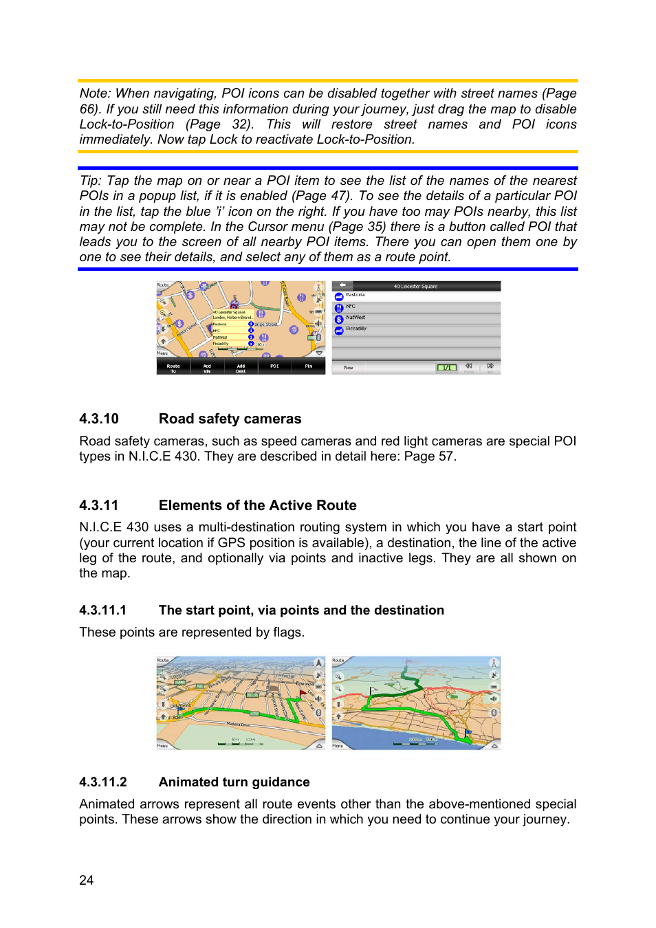 Road safety cameras, Elements of the active route, The start point, via points and the destination | Animated turn guidance | Clarion N.I.C.E. 430 User Manual | Page 87 / 158