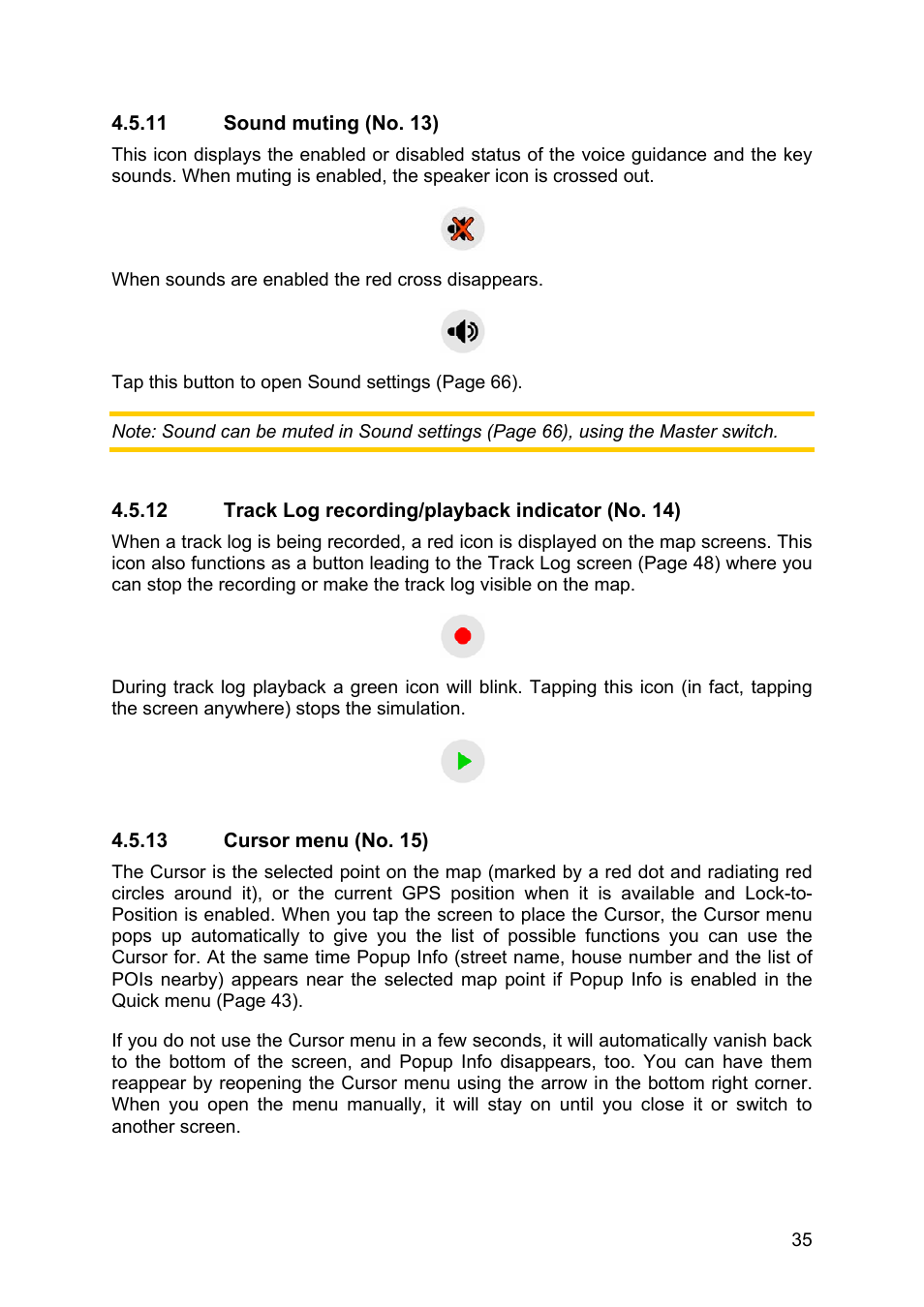 Sound muting (no. 13), Track log recording/playback indicator (no. 14), Cursor menu (no. 15) | Clarion N.I.C.E. 430 User Manual | Page 98 / 158