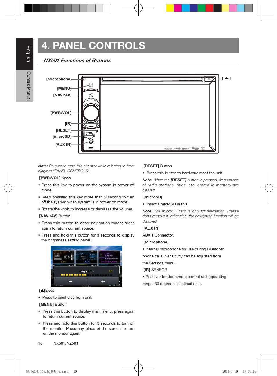 Panel controls, English owner’ s manual, Nx501 functions of buttons | Clarion NX501 User Manual | Page 10 / 159