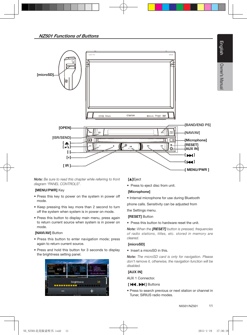 English, English owner’ s manual nz501 functions of buttons | Clarion NX501 User Manual | Page 11 / 159