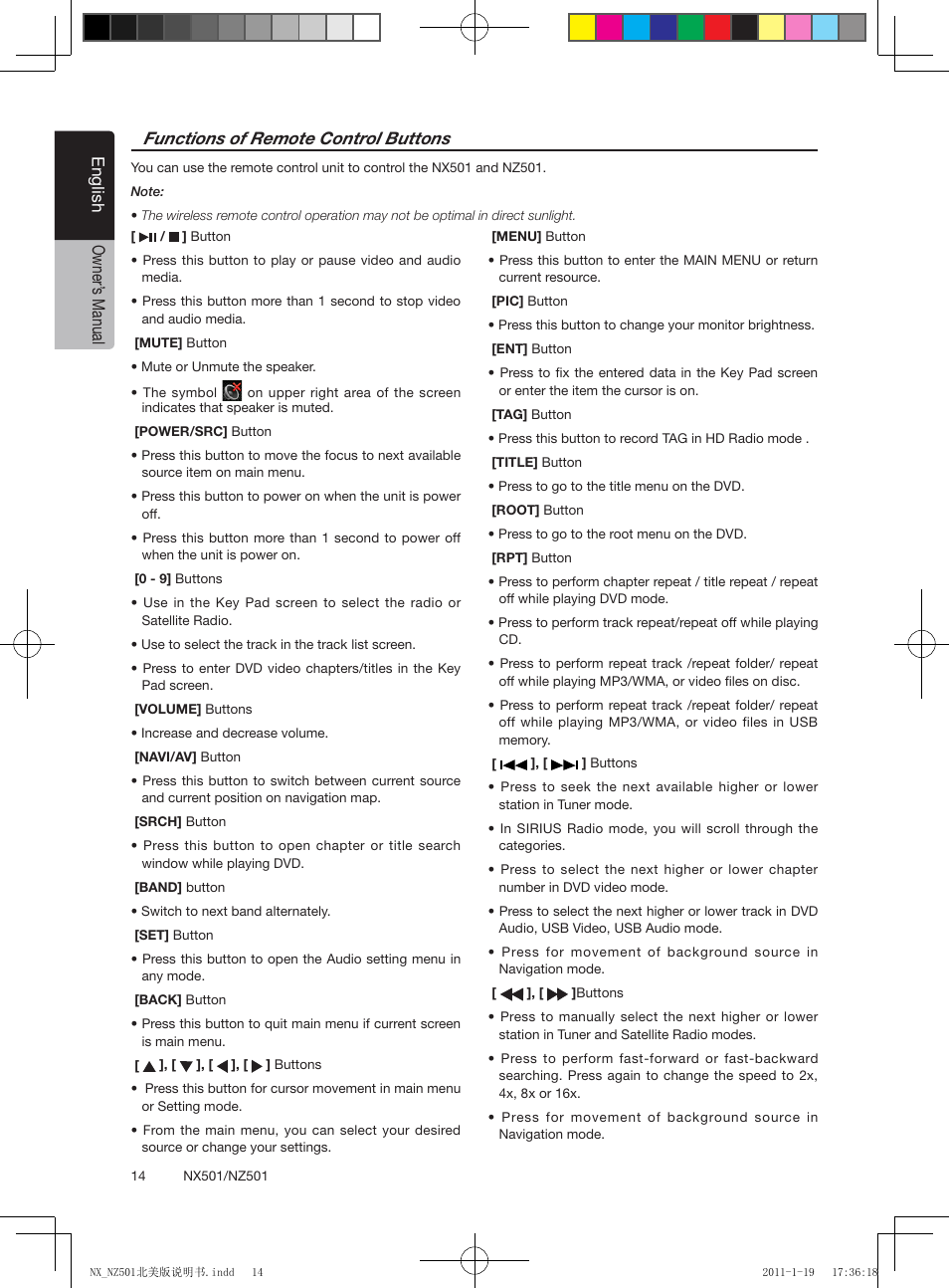English owner’ s manual, Functions of remote control buttons | Clarion NX501 User Manual | Page 14 / 159