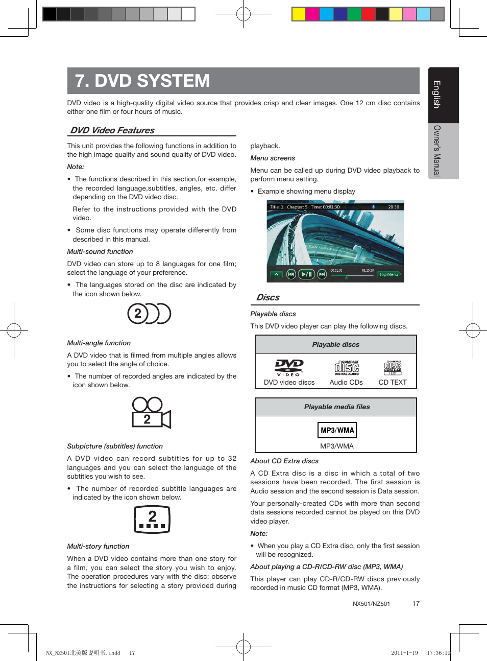 Dvd system, English, English owner’ s manual | Dvd video features discs | Clarion NX501 User Manual | Page 17 / 159