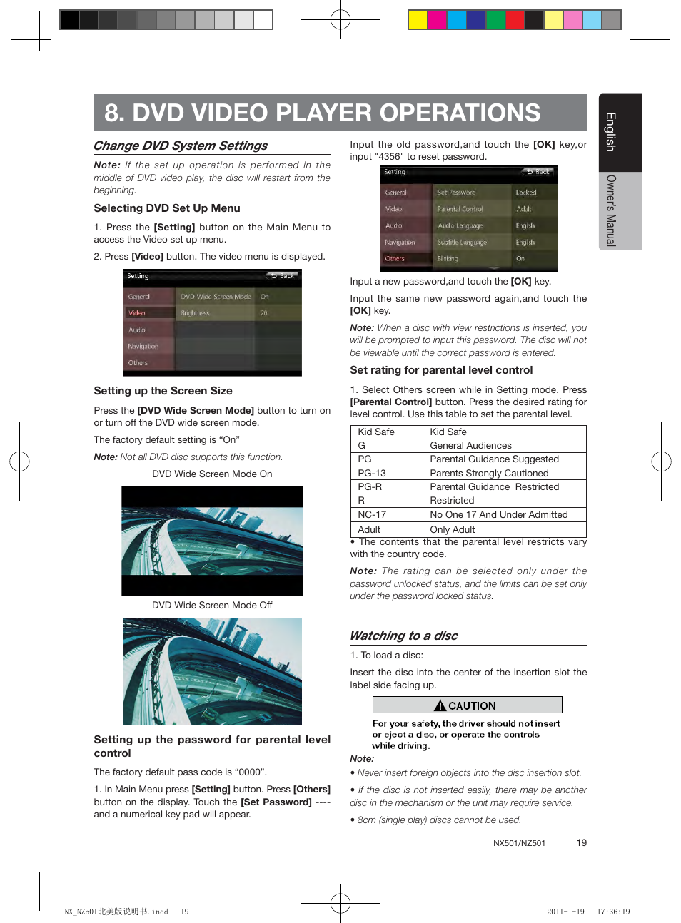 Dvd video player operations, English, English owner’ s manual change dvd system settings | Watching to a disc | Clarion NX501 User Manual | Page 19 / 159