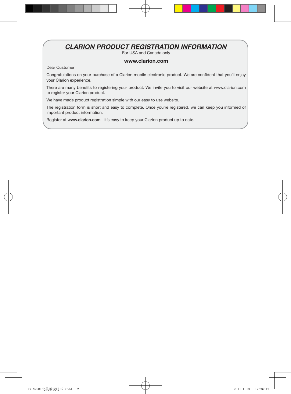 Clarion product registration information | Clarion NX501 User Manual | Page 2 / 159