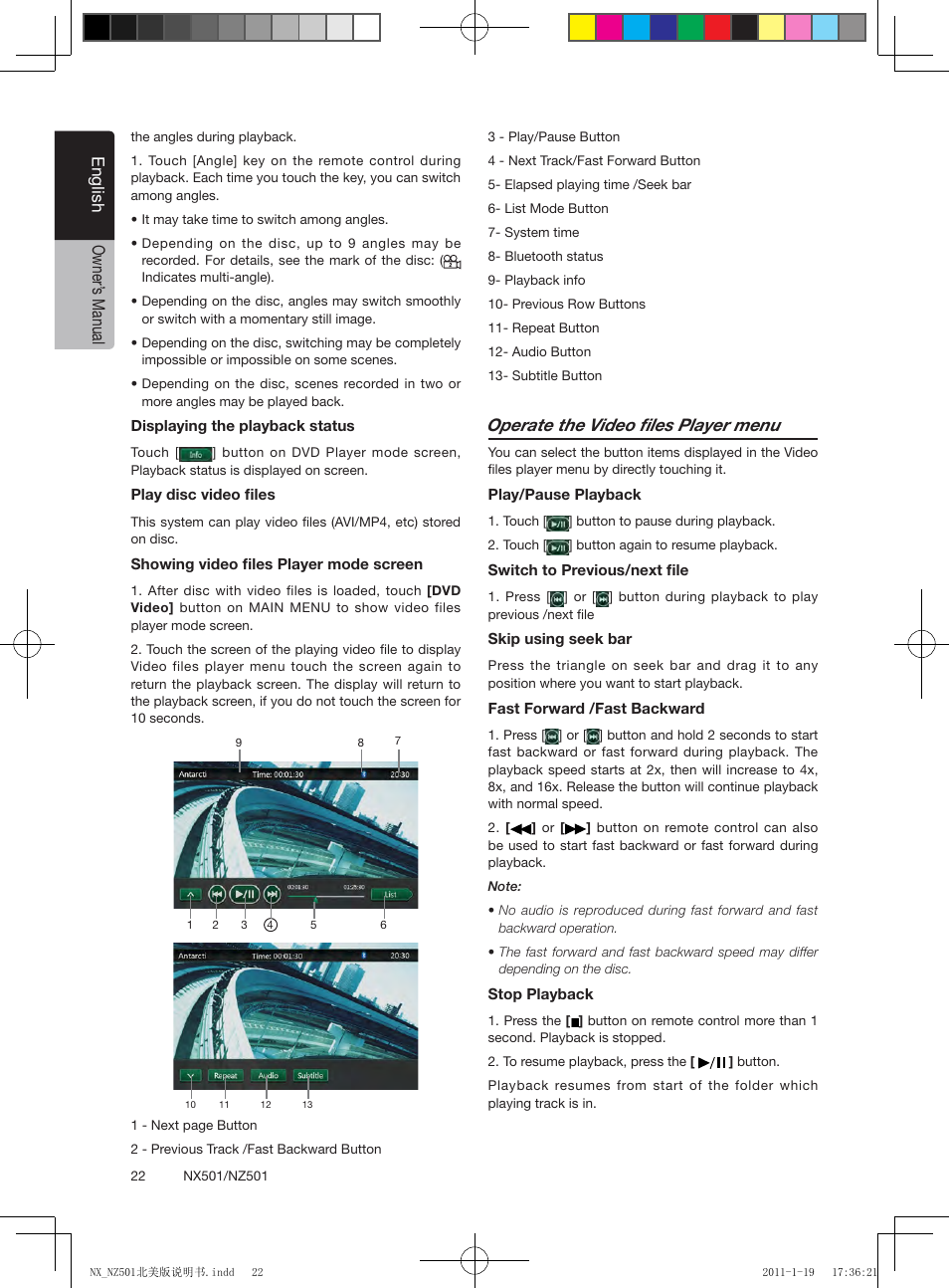 English owner’ s manual, Operate the video files player menu | Clarion NX501 User Manual | Page 22 / 159