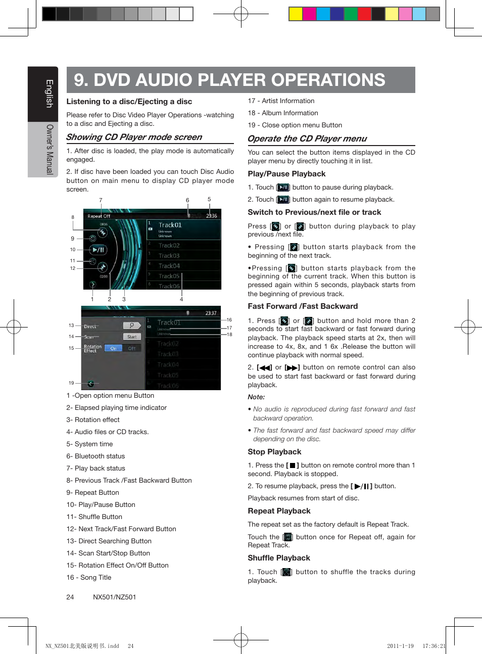 Dvd audio player operations, English owner’ s manual, Showing cd player mode screen | Operate the cd player menu | Clarion NX501 User Manual | Page 24 / 159
