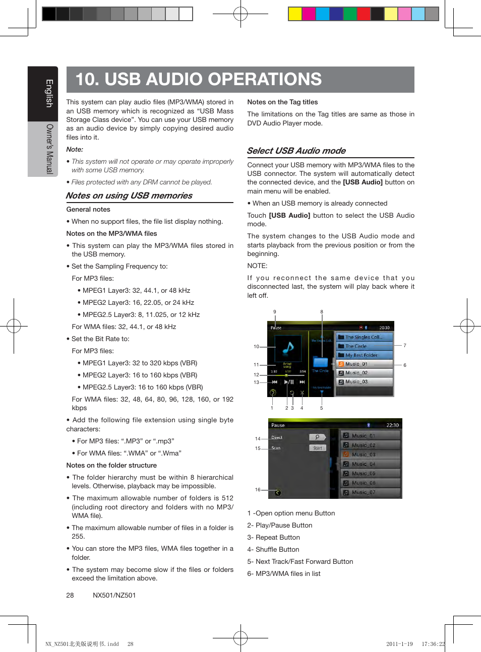 Usb audio operations, English owner’ s manual, Select usb audio mode | Clarion NX501 User Manual | Page 28 / 159