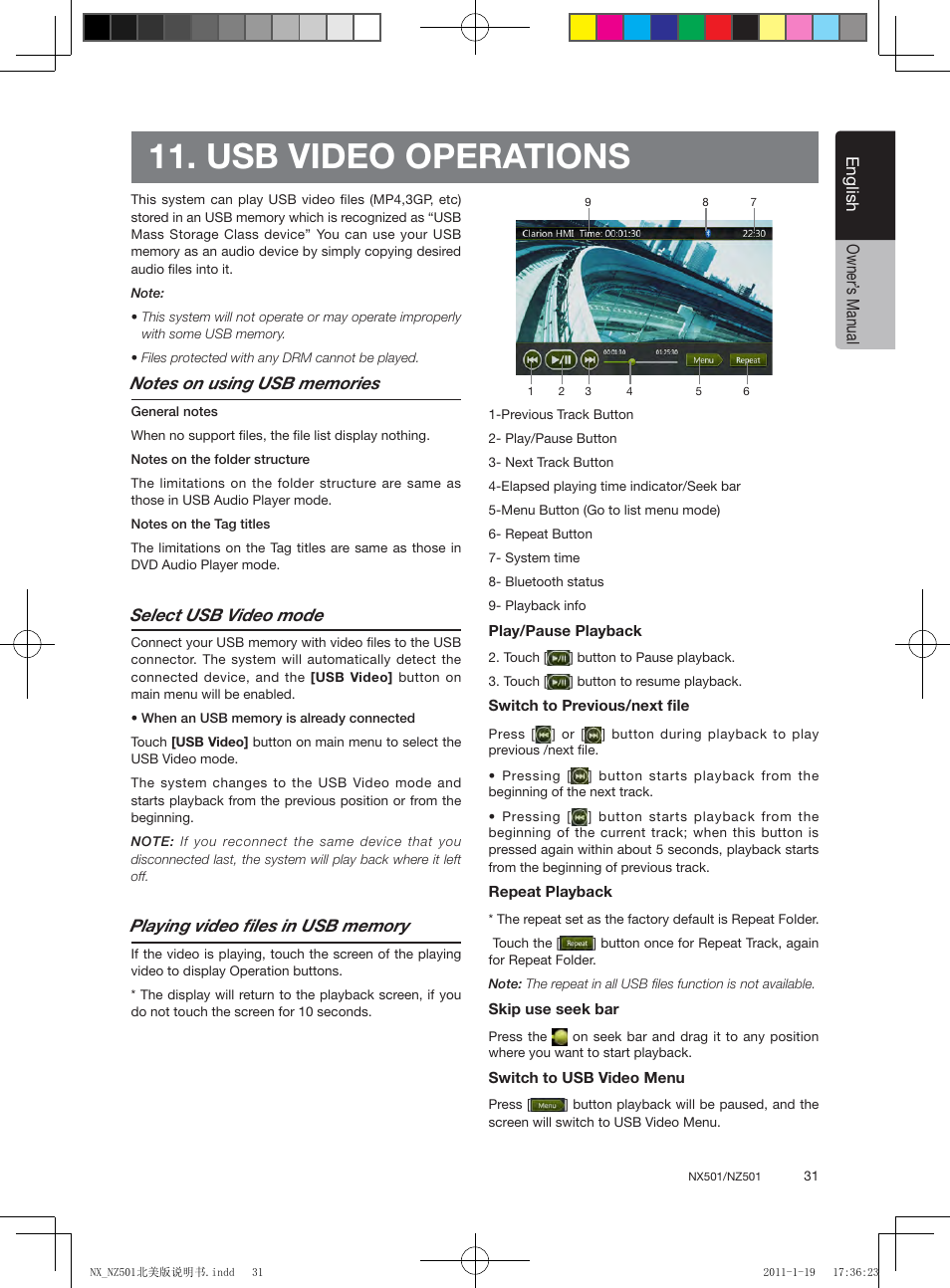 Usb video operations, English, English owner’ s manual | Select usb video mode | Clarion NX501 User Manual | Page 31 / 159