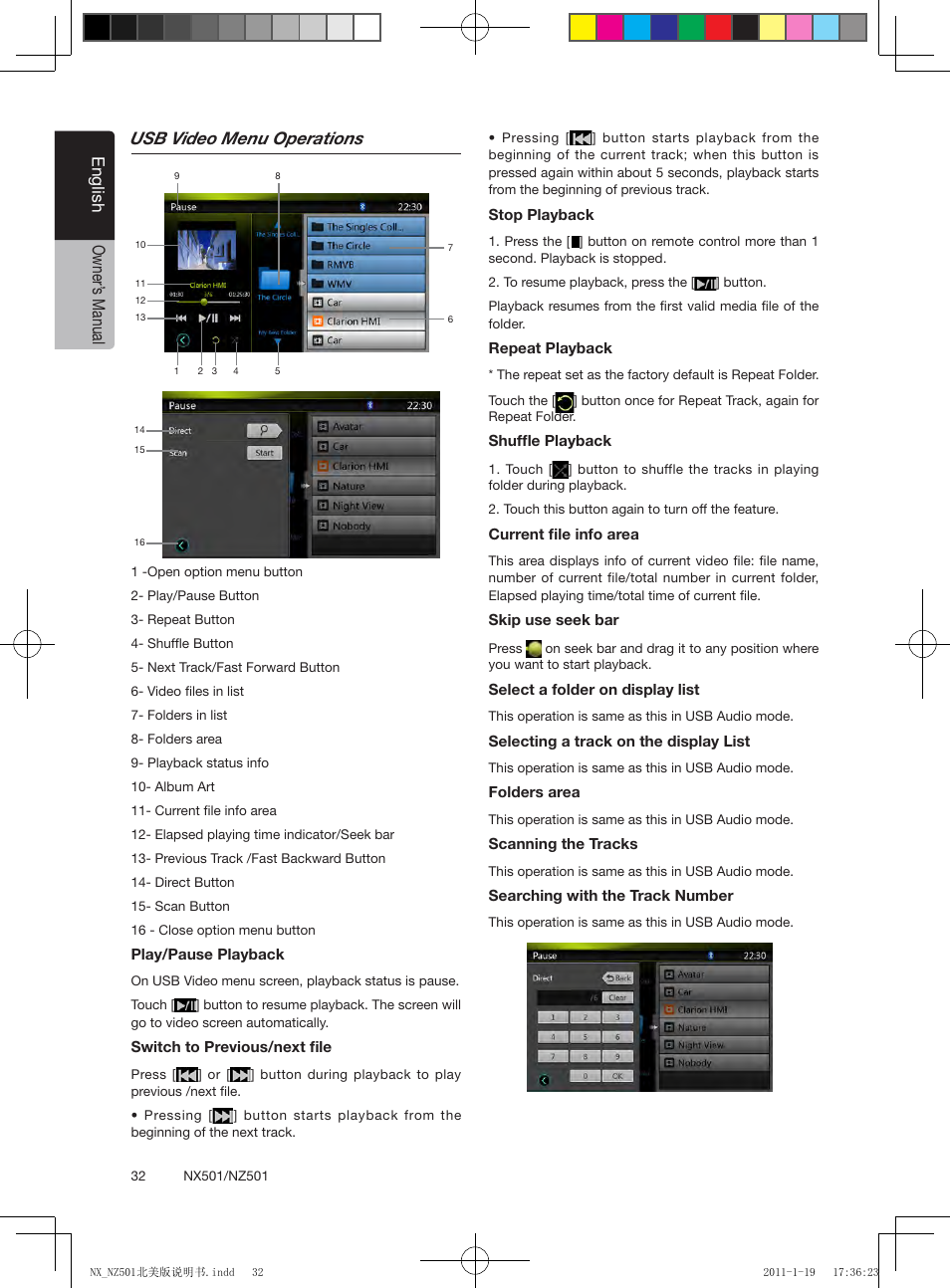 English owner’ s manual usb video menu operations | Clarion NX501 User Manual | Page 32 / 159
