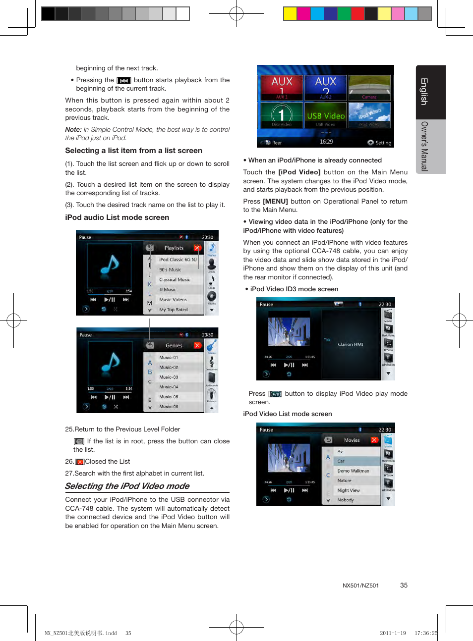 English, English owner’ s manual, Selecting the ipod video mode | Clarion NX501 User Manual | Page 35 / 159