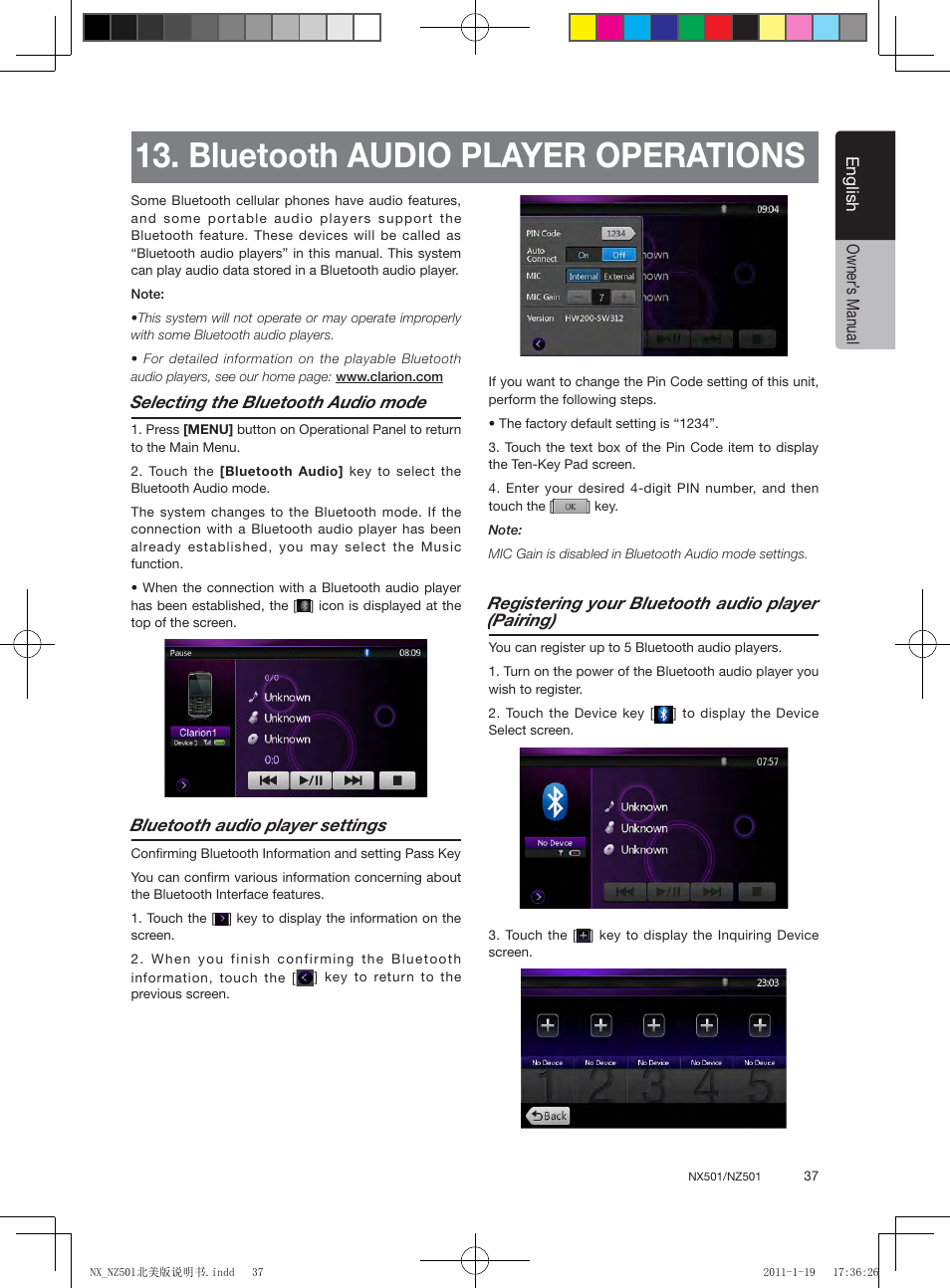 Bluetooth audio player operations, English, English owner’ s manual | Selecting the bluetooth audio mode, Bluetooth audio player settings, Registering your bluetooth audio player (pairing) | Clarion NX501 User Manual | Page 37 / 159
