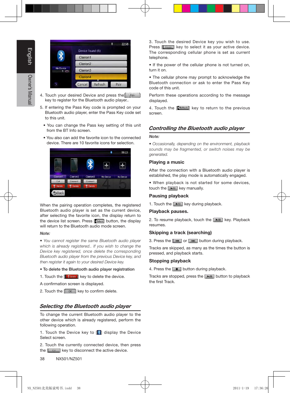 English owner’ s manual, Selecting the bluetooth audio player, Controlling the bluetooth audio player | Clarion NX501 User Manual | Page 38 / 159