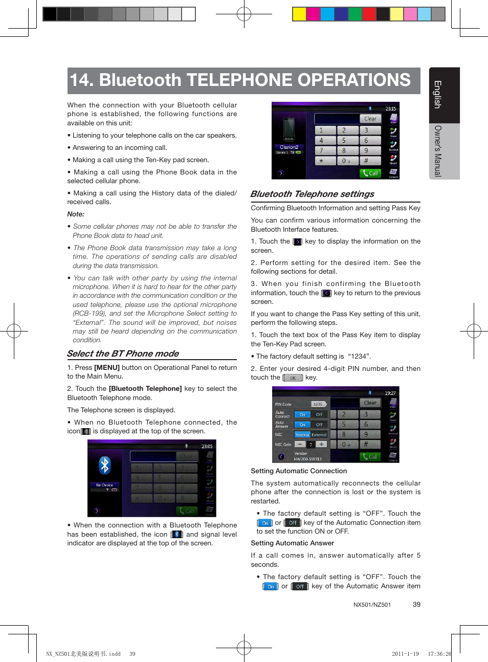 Bluetooth telephone operations, English, English owner’ s manual | Select the bt phone mode, Bluetooth telephone settings | Clarion NX501 User Manual | Page 39 / 159