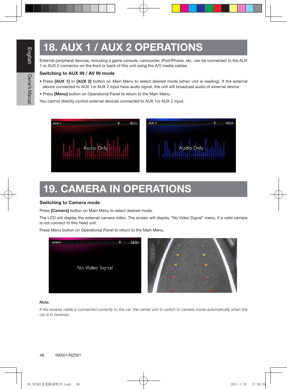 Aux 1 / aux 2 operations, Camera in operations | Clarion NX501 User Manual | Page 48 / 159