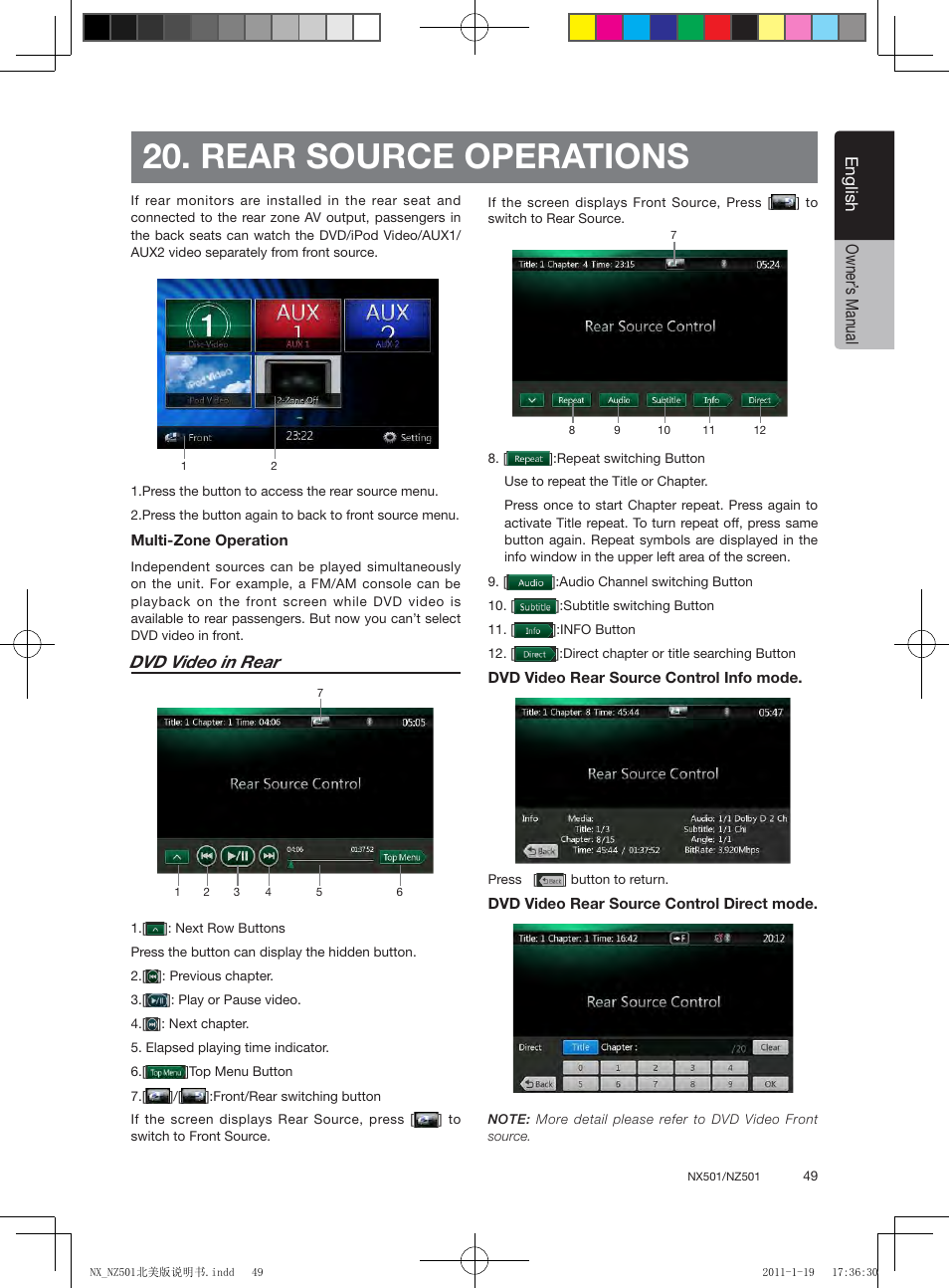 Rear source operations, English, English owner’ s manual | Dvd video in rear | Clarion NX501 User Manual | Page 49 / 159