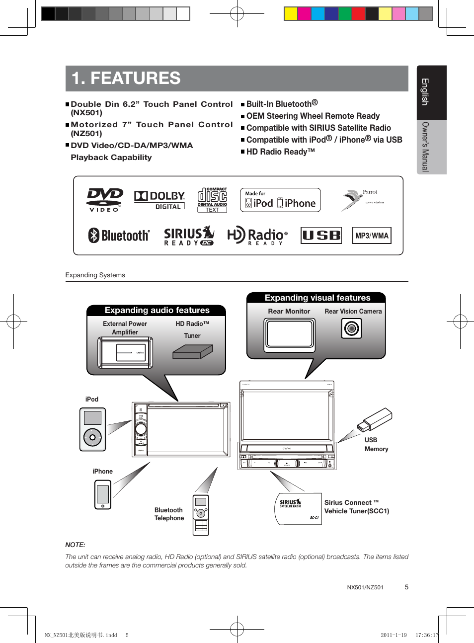 Features, English, English owner’ s manual | Expanding visual features, Expanding audio features | Clarion NX501 User Manual | Page 5 / 159
