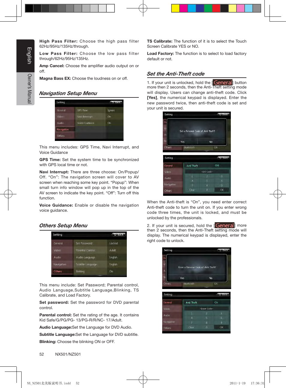English owner’ s manual, Navigation setup menu, Others setup menu | Set the anti-theft code | Clarion NX501 User Manual | Page 52 / 159
