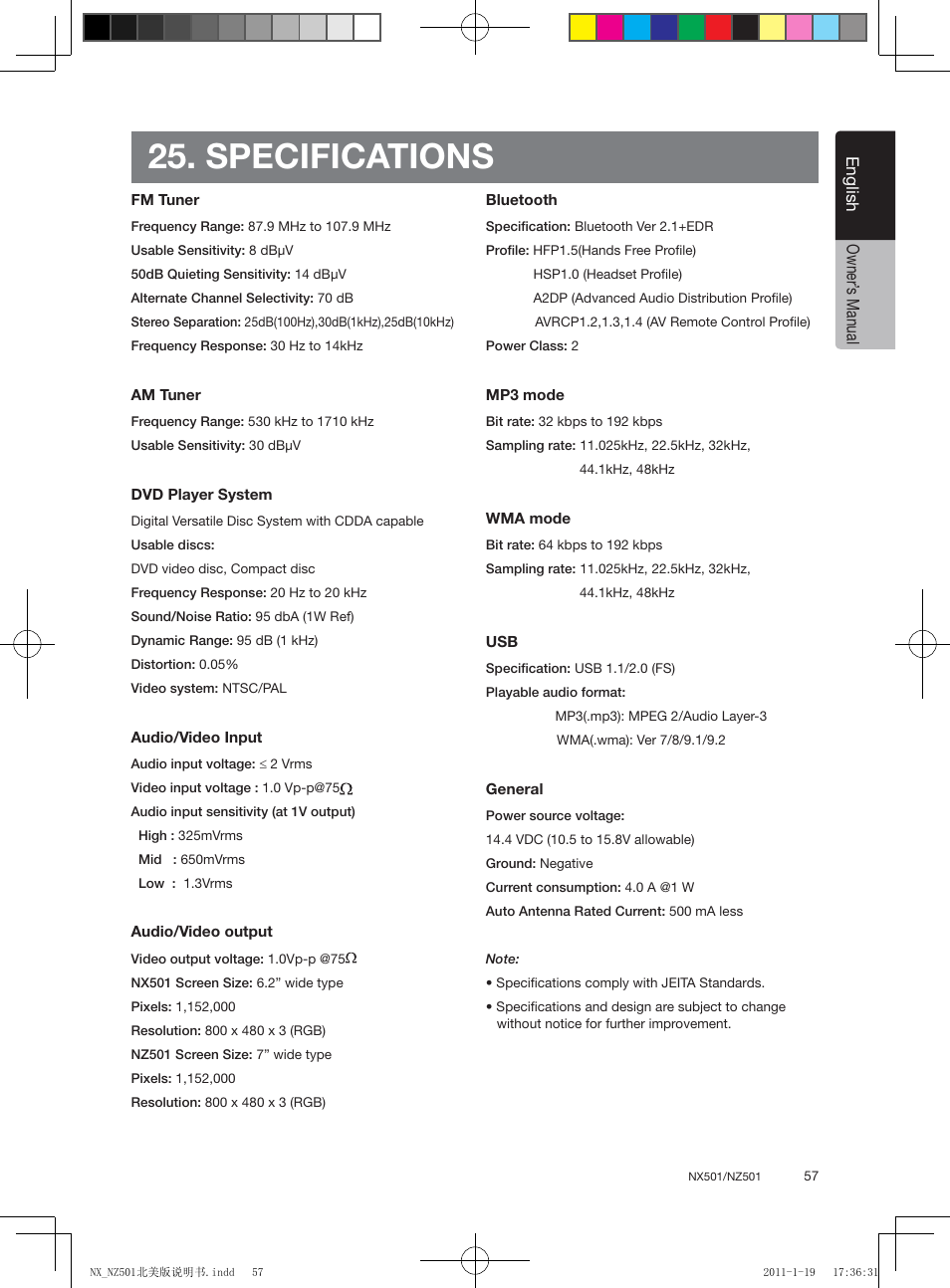 Specifications, English, English owner’ s manual | Clarion NX501 User Manual | Page 57 / 159