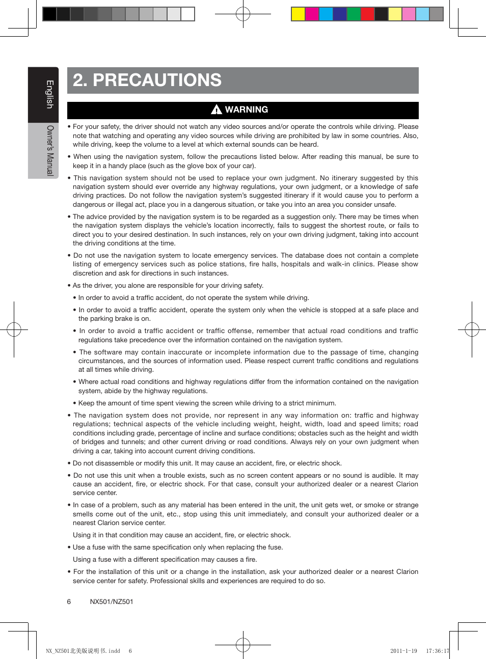 Precautions, English owner’ s manual, Warning | Clarion NX501 User Manual | Page 6 / 159