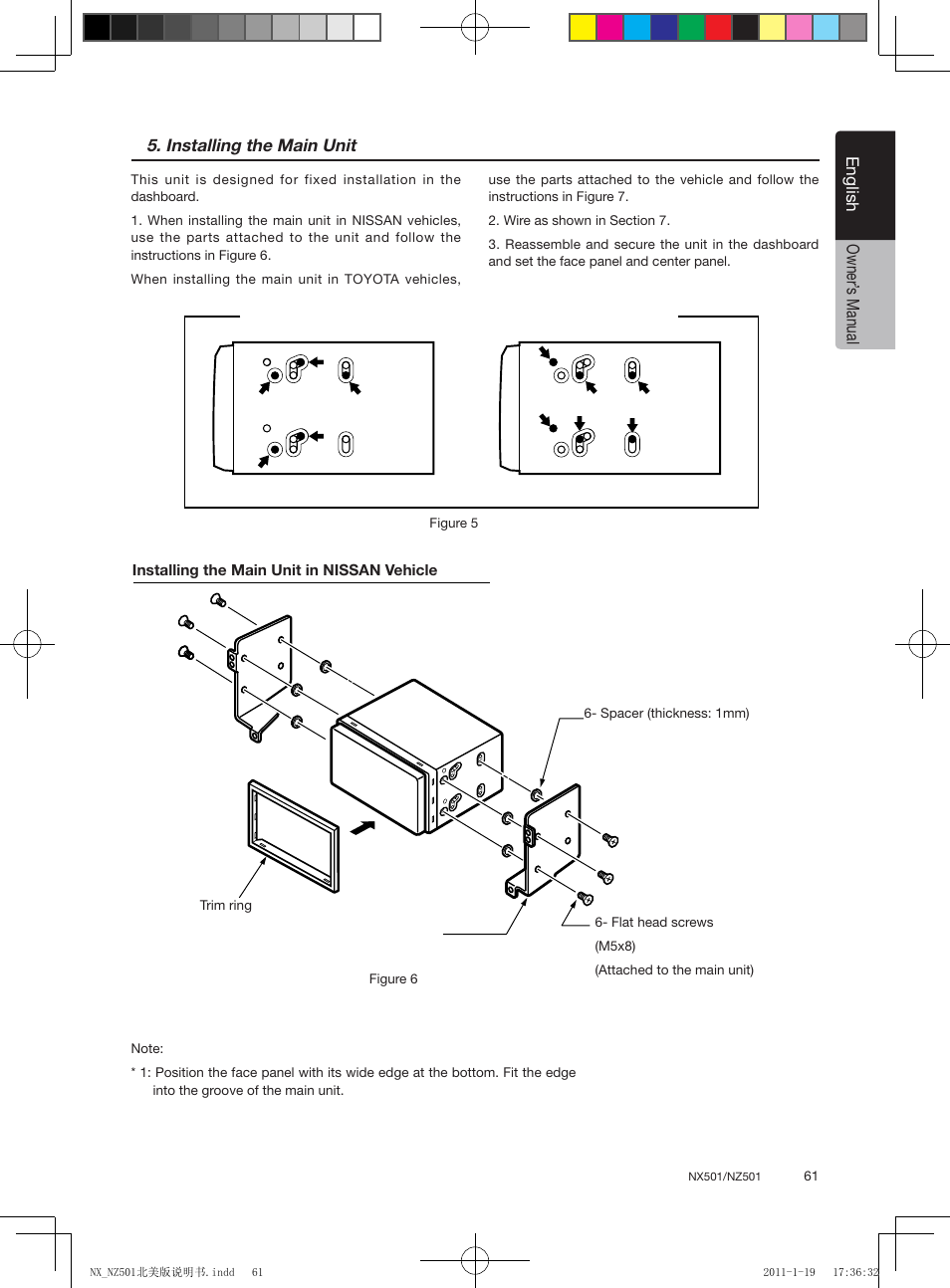 English, Mounting screw holes (side view of the main unit), Main unit | Clarion NX501 User Manual | Page 61 / 159