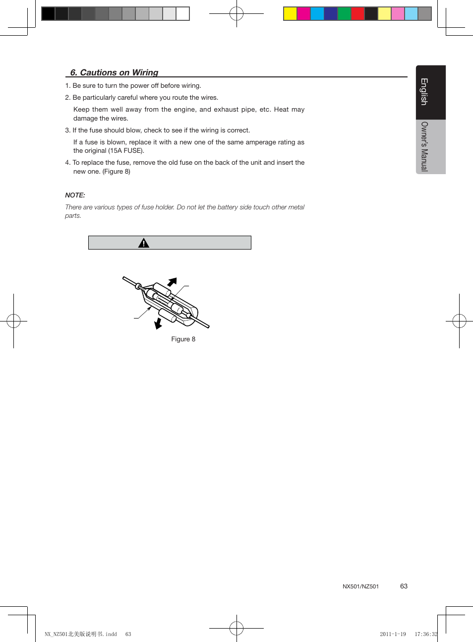 Caution, English, English owner’ s manual 6. cautions on wiring | Clarion NX501 User Manual | Page 63 / 159
