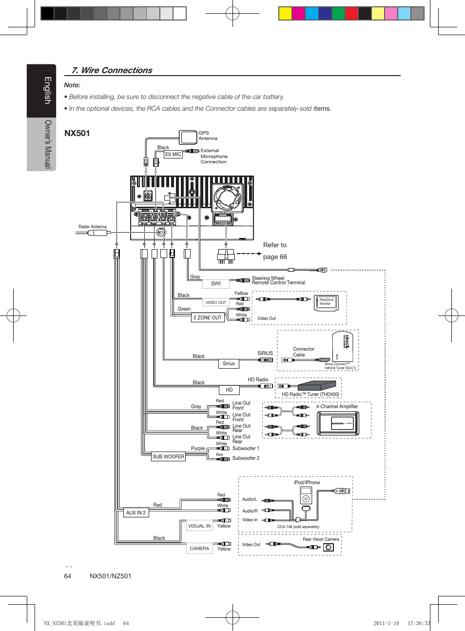 Wire connections, English owner’ s manual, Refer to page 61 | Clarion NX501 User Manual | Page 64 / 159