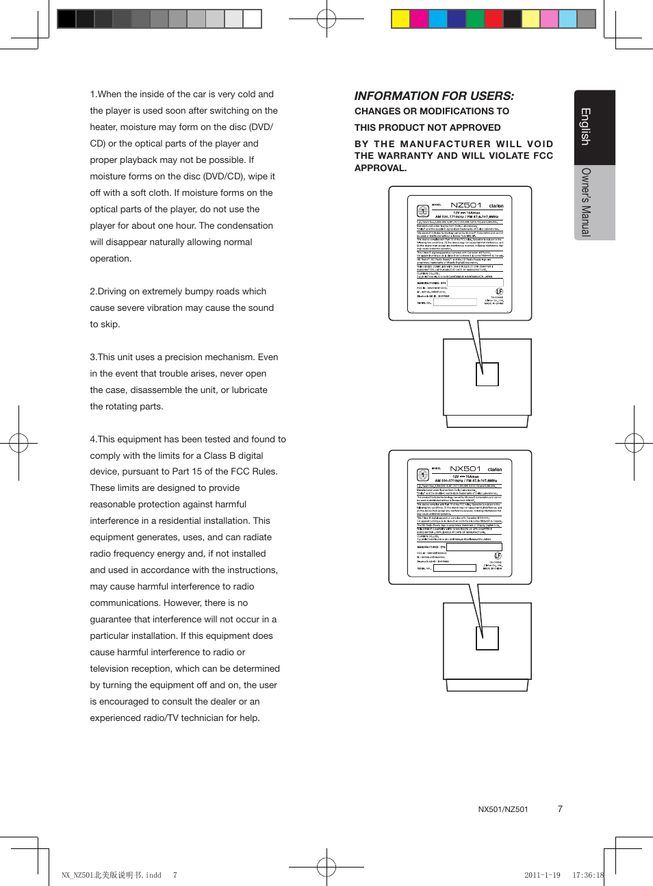 English, English owner’ s manual, Information for users | Clarion NX501 User Manual | Page 7 / 159