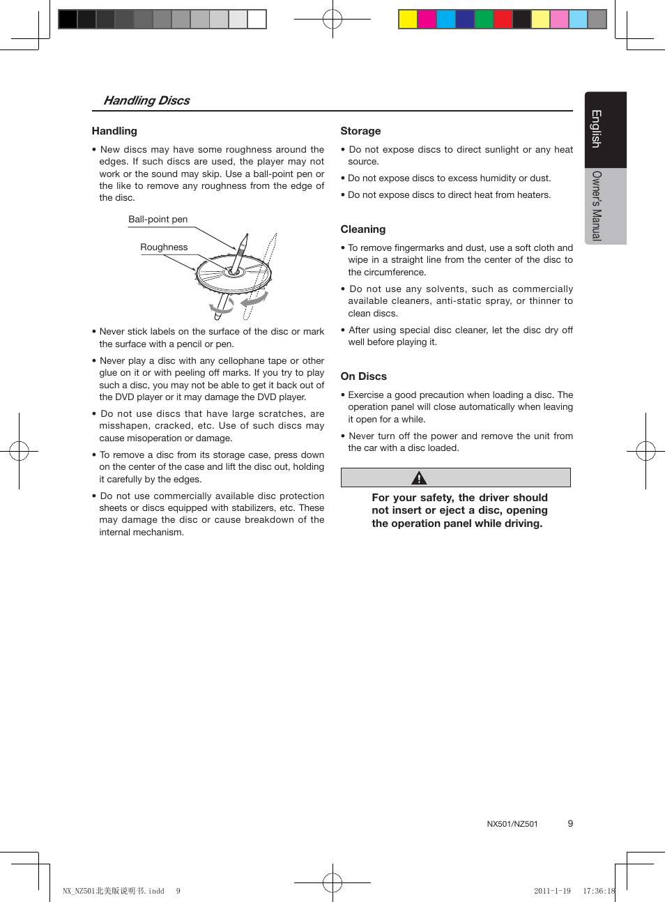 Caution, English, English owner’ s manual handling discs | Clarion NX501 User Manual | Page 9 / 159