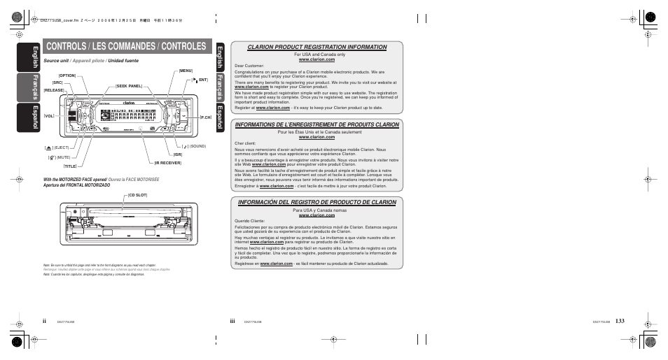 Controls, Clarion product registration information, Controls / les commandes / controles | Français español english english français ii, Español | Clarion iDXZ775USB User Manual | Page 2 / 46