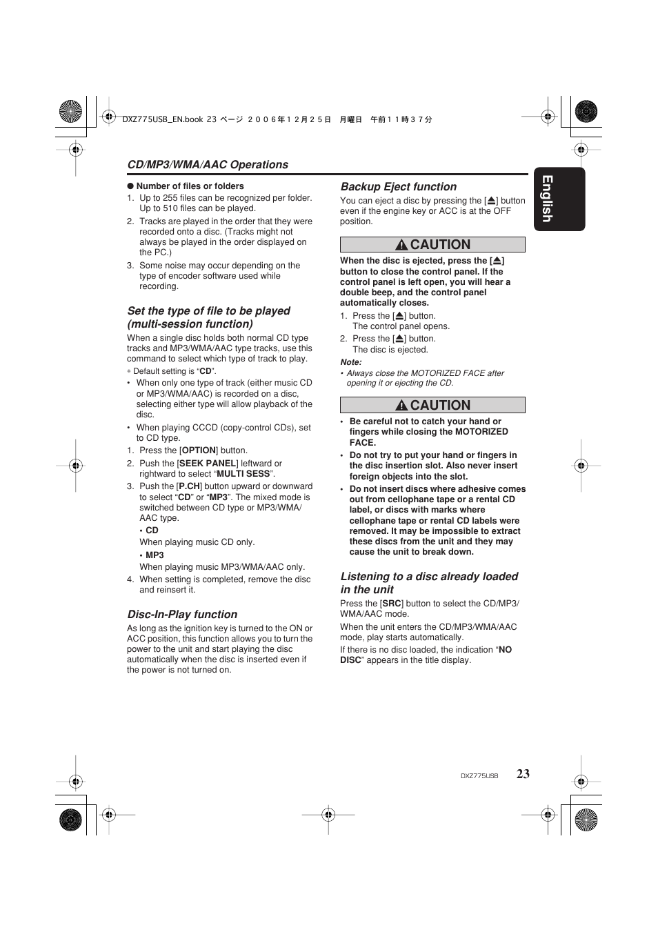 English 23, Caution | Clarion iDXZ775USB User Manual | Page 25 / 46