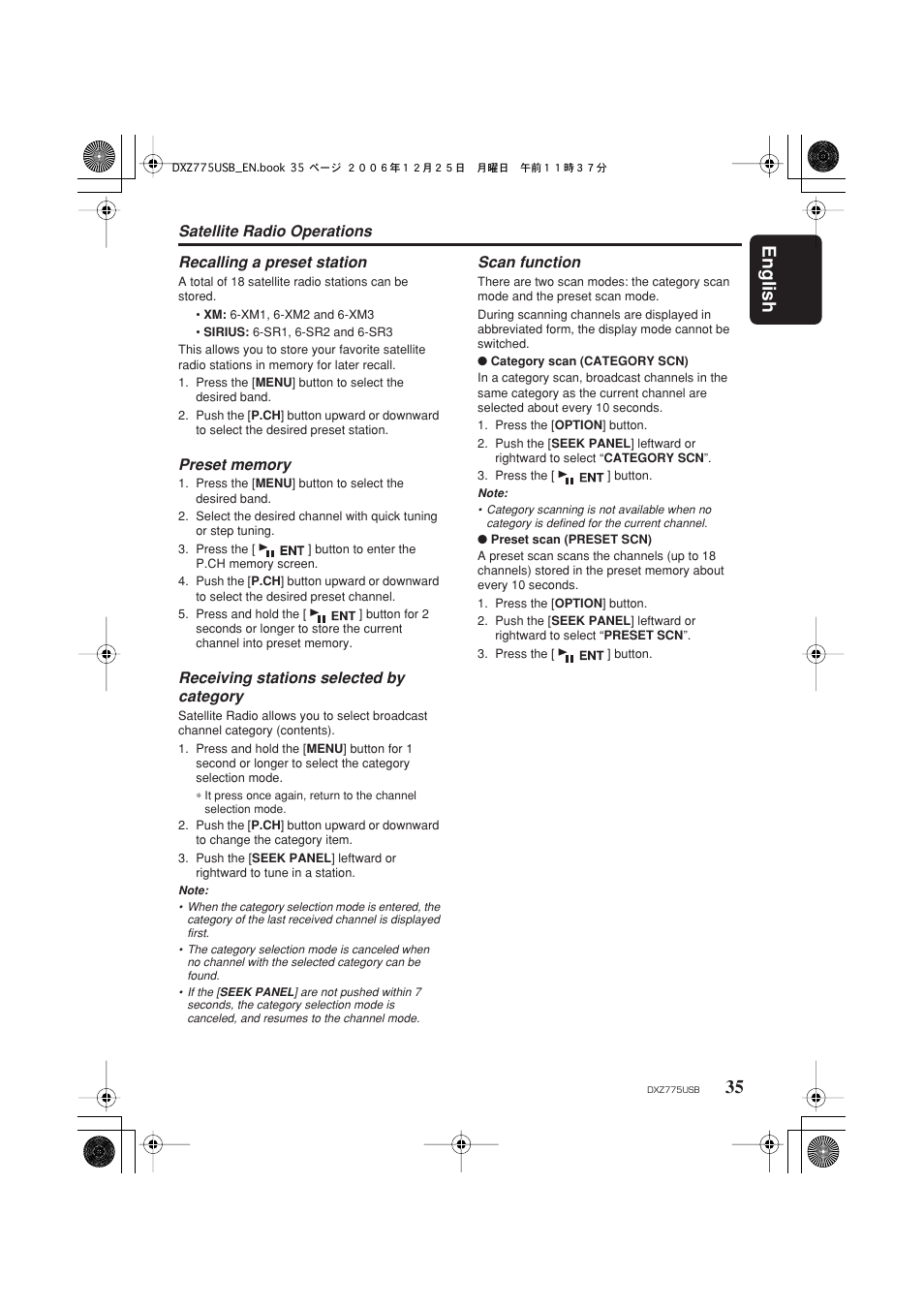 English 35, Satellite radio operations, Recalling a preset station | Receiving stations selected by category, Scan function | Clarion iDXZ775USB User Manual | Page 37 / 46