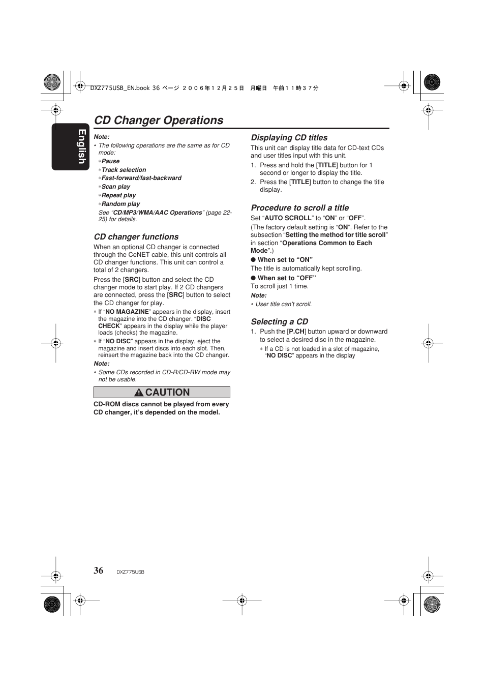 Cd changer operations, English 36, Caution | Cd changer functions, Displaying cd titles, Procedure to scroll a title, Selecting a cd | Clarion iDXZ775USB User Manual | Page 38 / 46