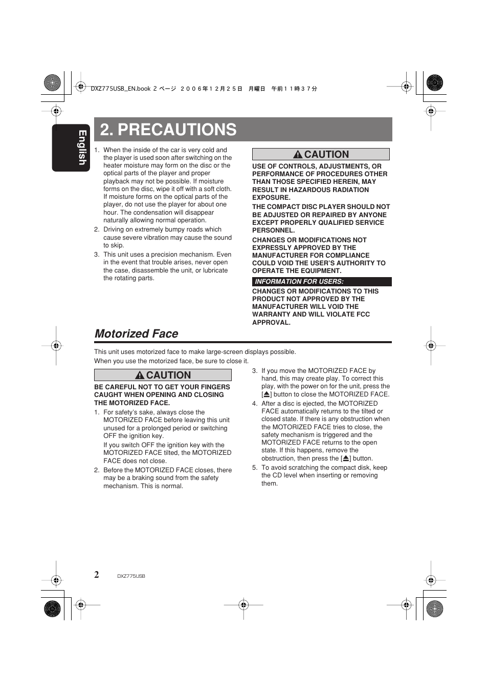 Precautions, Motorized face, English 2 | Caution | Clarion iDXZ775USB User Manual | Page 4 / 46