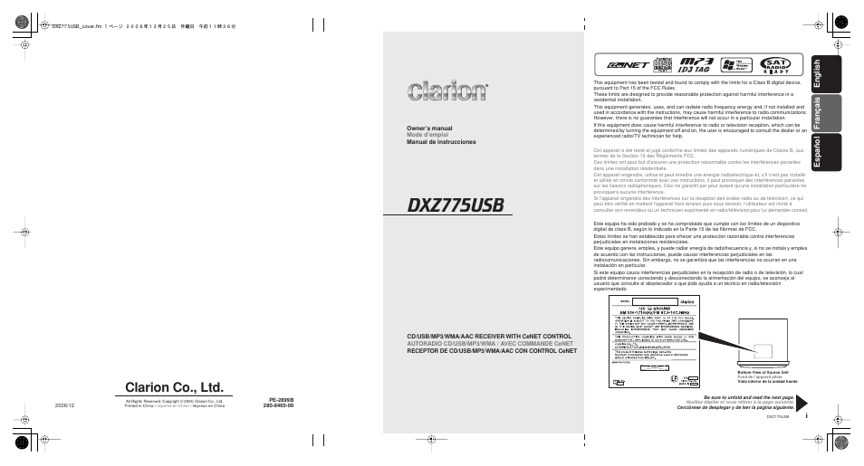 Dxz775usb, Clarion co., ltd, English i | Français español | Clarion iDXZ775USB User Manual | Page 46 / 46