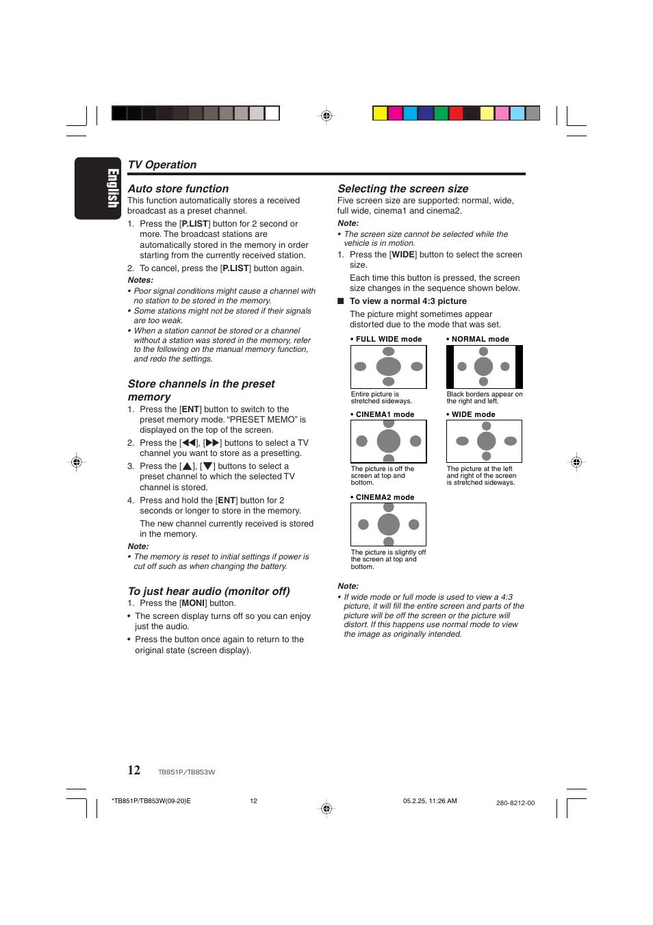 English, Tv operation auto store function, Selecting the screen size | Clarion TB851P User Manual | Page 10 / 27