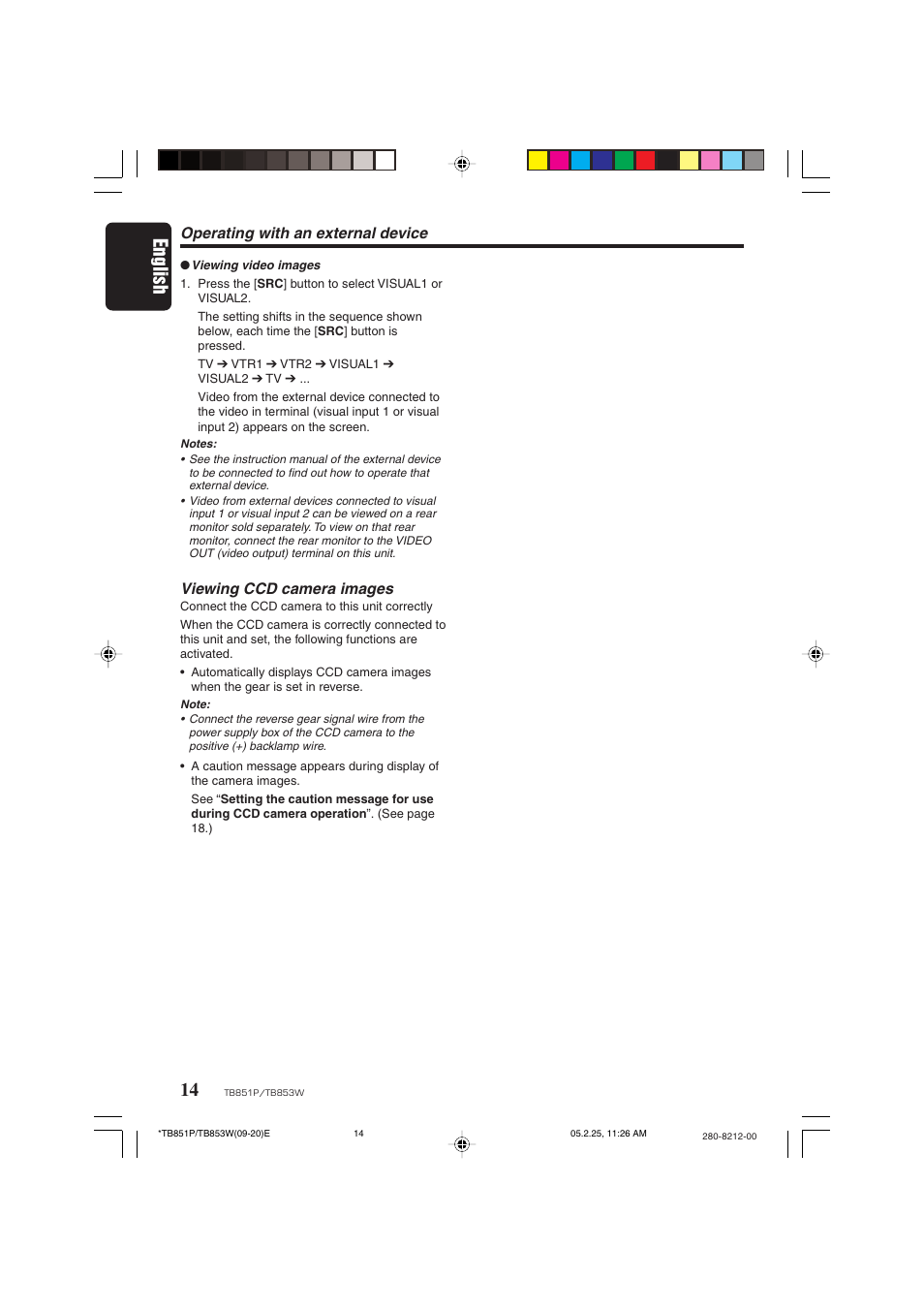 English, Viewing ccd camera images, Operating with an external device | Clarion TB851P User Manual | Page 12 / 27