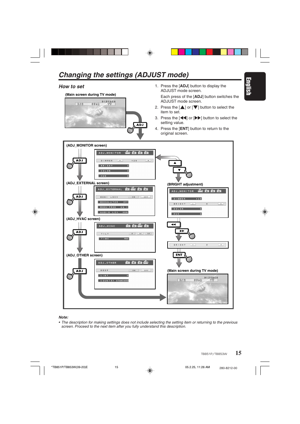 Changing the settings (adjust mode), 15 english, How to set | Clarion TB851P User Manual | Page 13 / 27